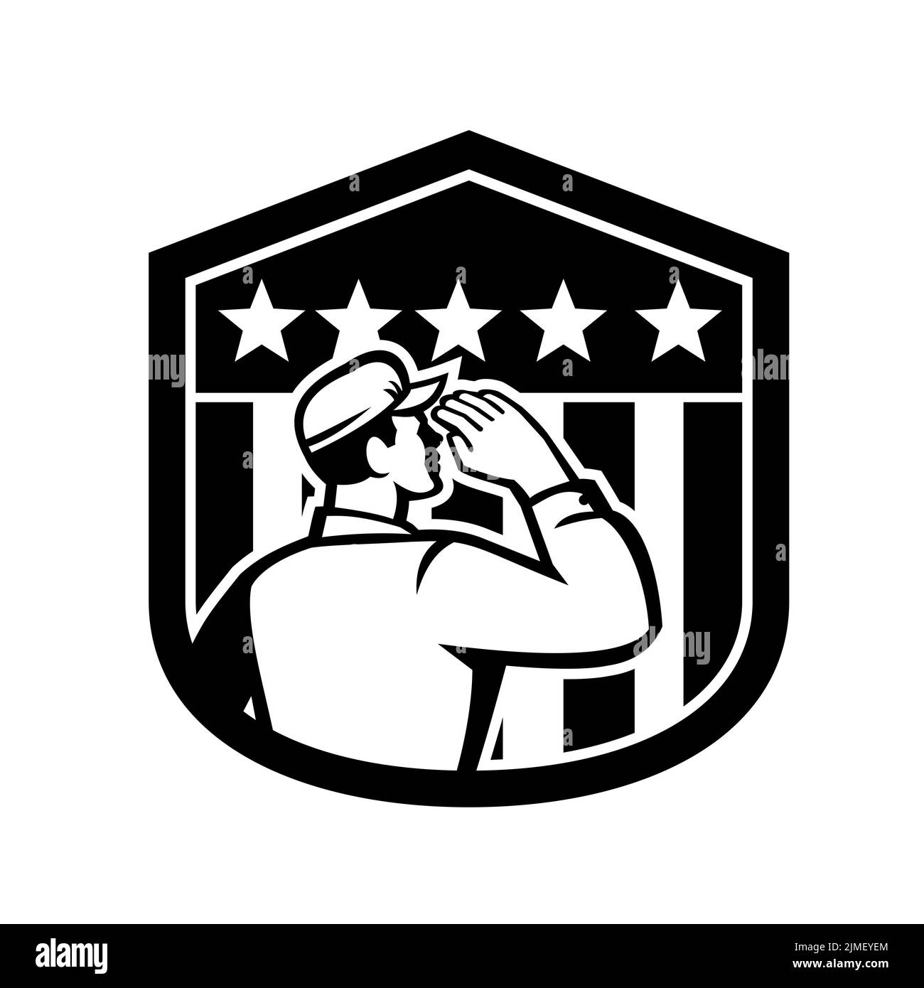 American Soldier Salute USA Flag Badge Retro Black and White Stock Photo