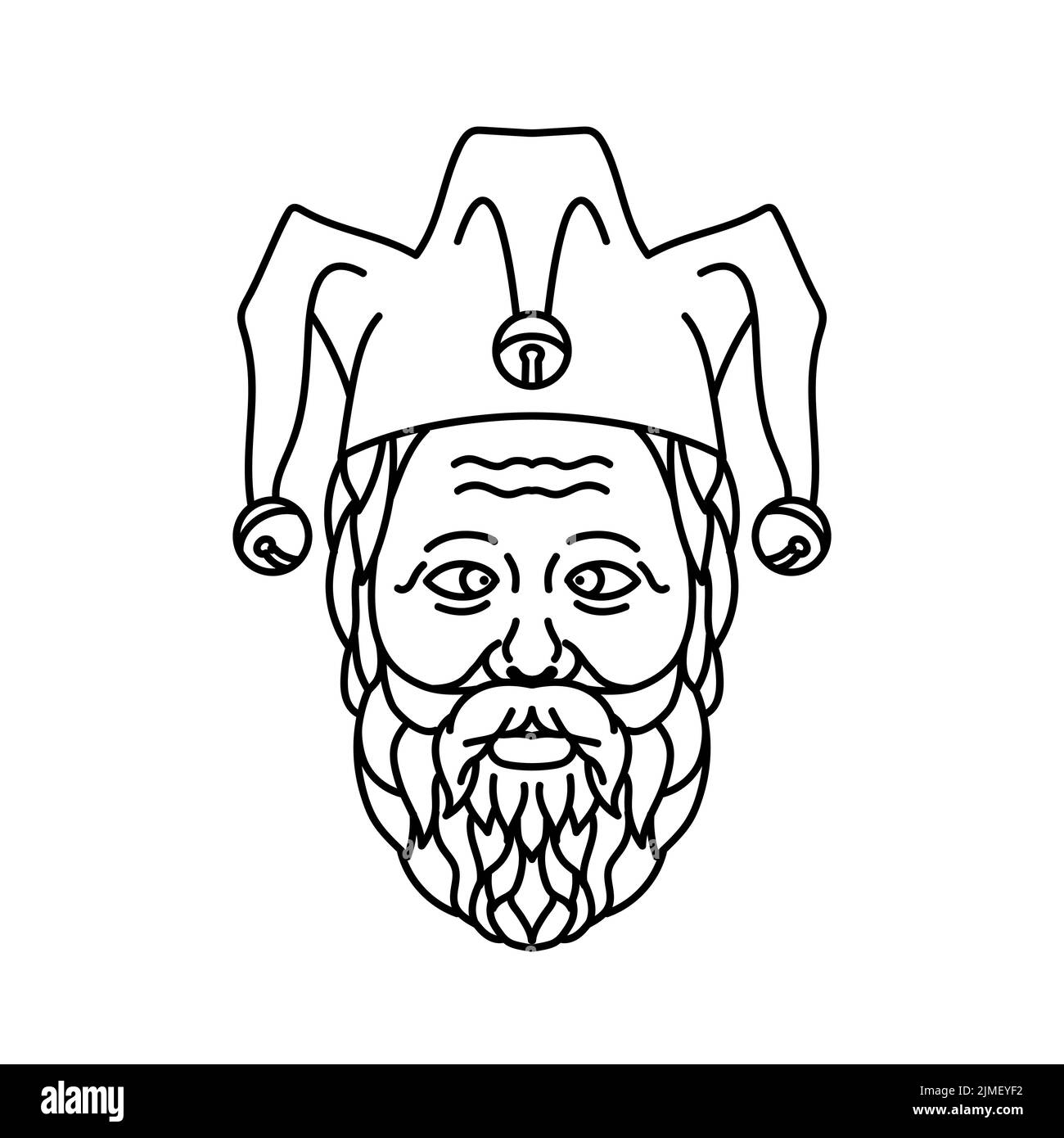 Head of Cross Eyed Old Court Jester or Fool with Beard Mono Line