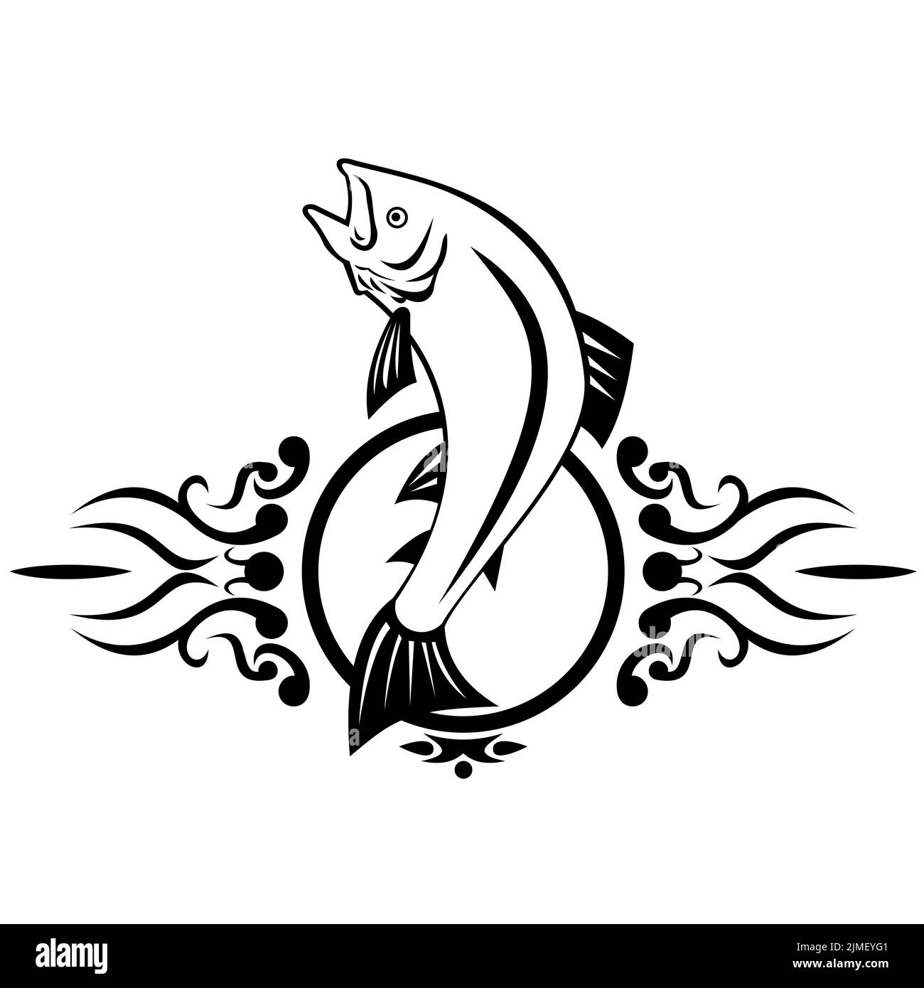 Lake Trout Jumping Up Tribal Tattoo Retro Style Black and White Stock Photo