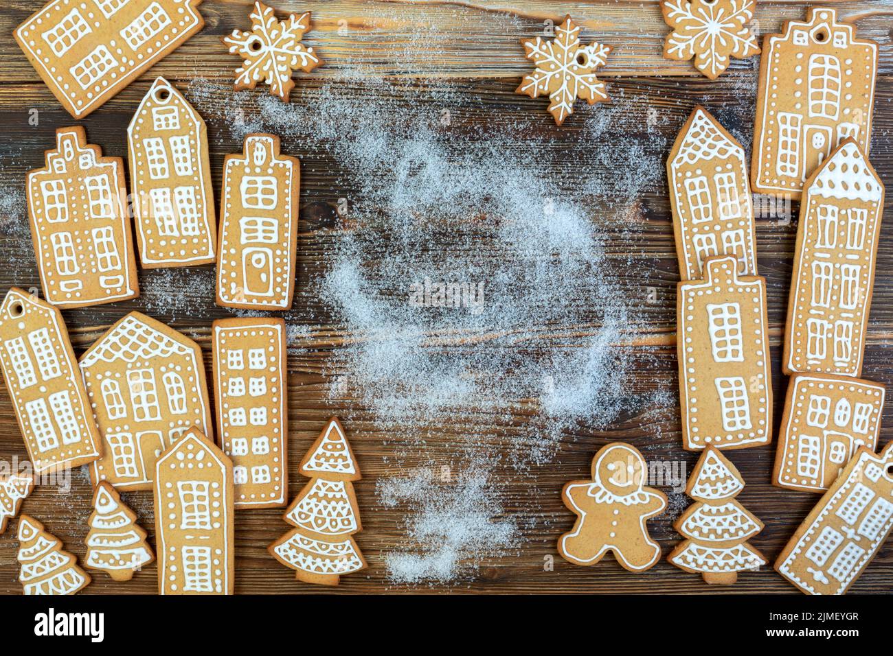 Christmas or New Year card with gingerbread cookies. Stock Photo