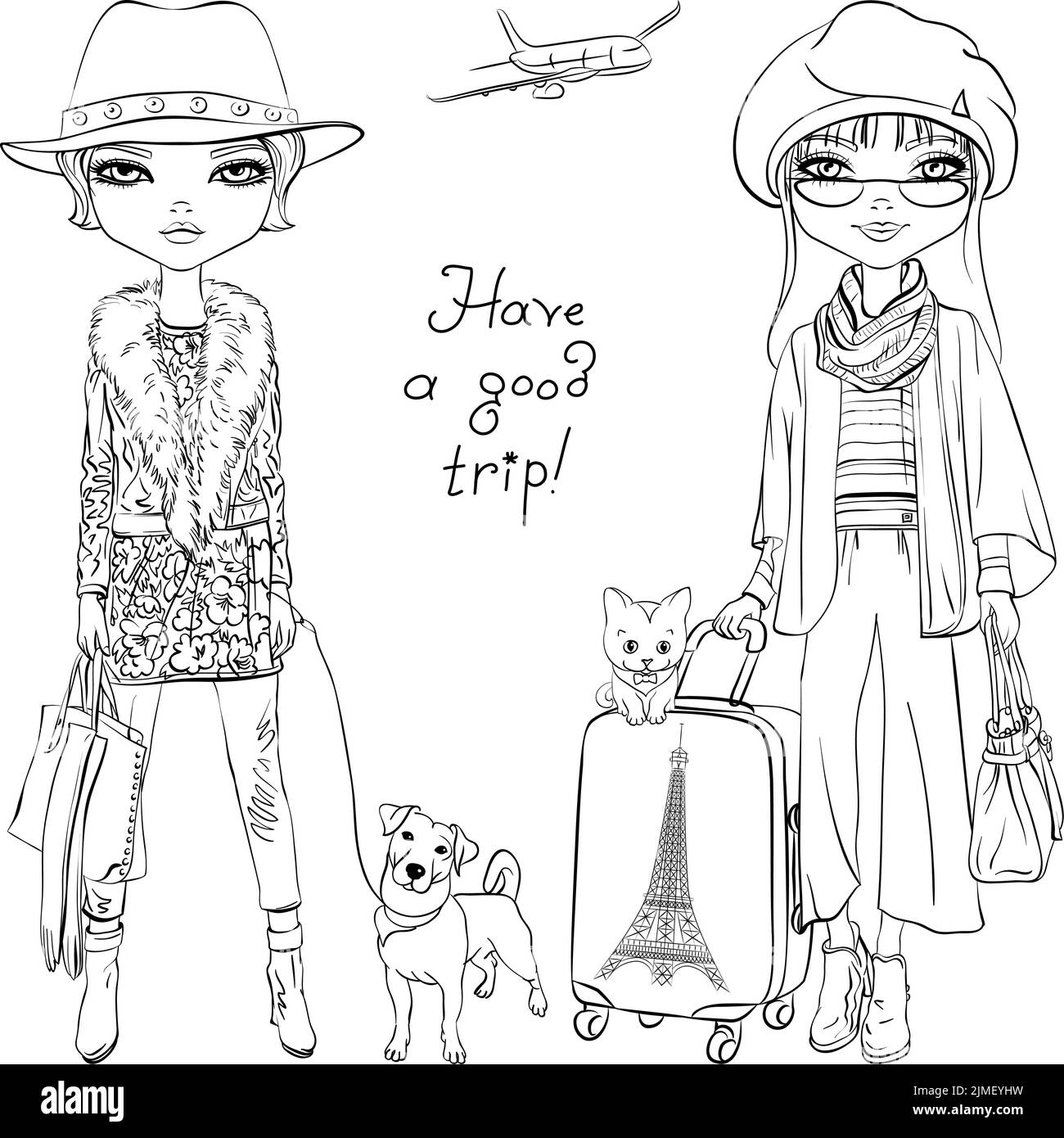 Vector fashion girls with dog and cat travel the world on airplanes. Black and white illustration for coloring book. Stock Vector