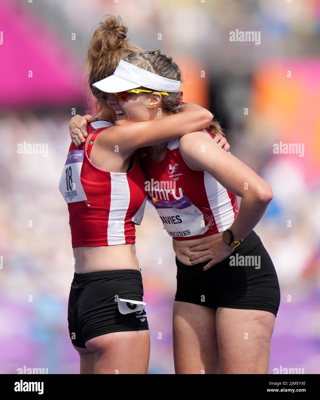 Wales' Heather Lewis (left) and Bethan Davies react after the Women's 10,000 metres Walk at Alexander Stadium on day nine of the 2022 Commonwealth Games in Birmingham. Picture date: Saturday August 6, 2022. Stock Photo