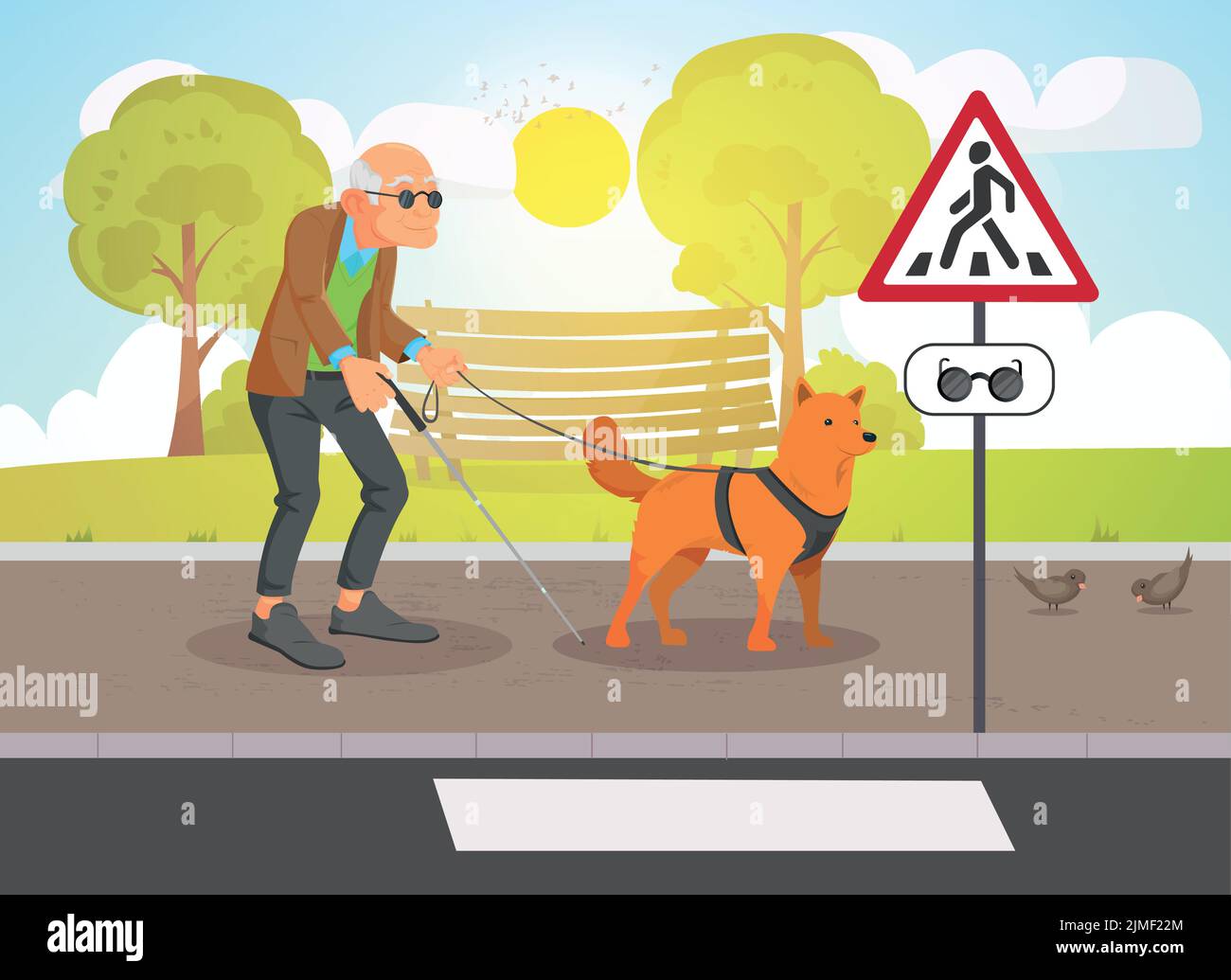 Blind old man character walking with guide dog on street background Stock Vector
