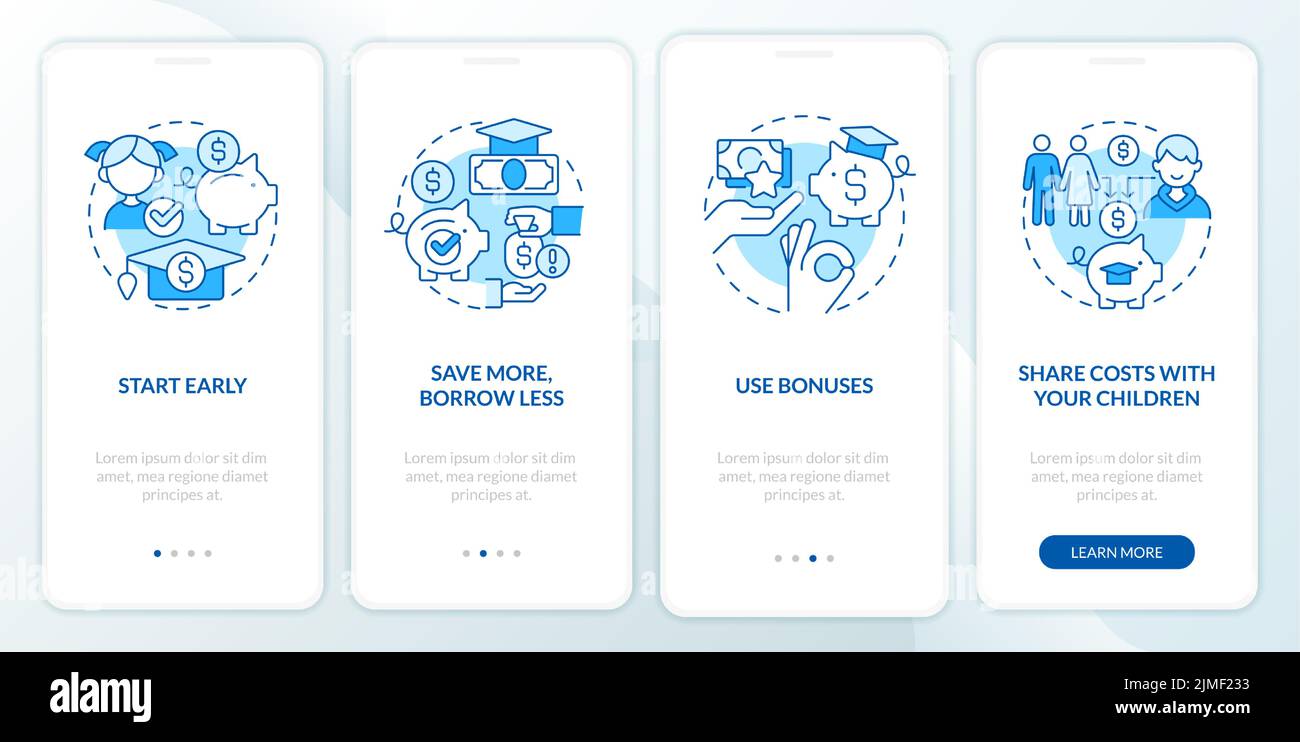 Tips for saving for college blue onboarding mobile app screen Stock Vector