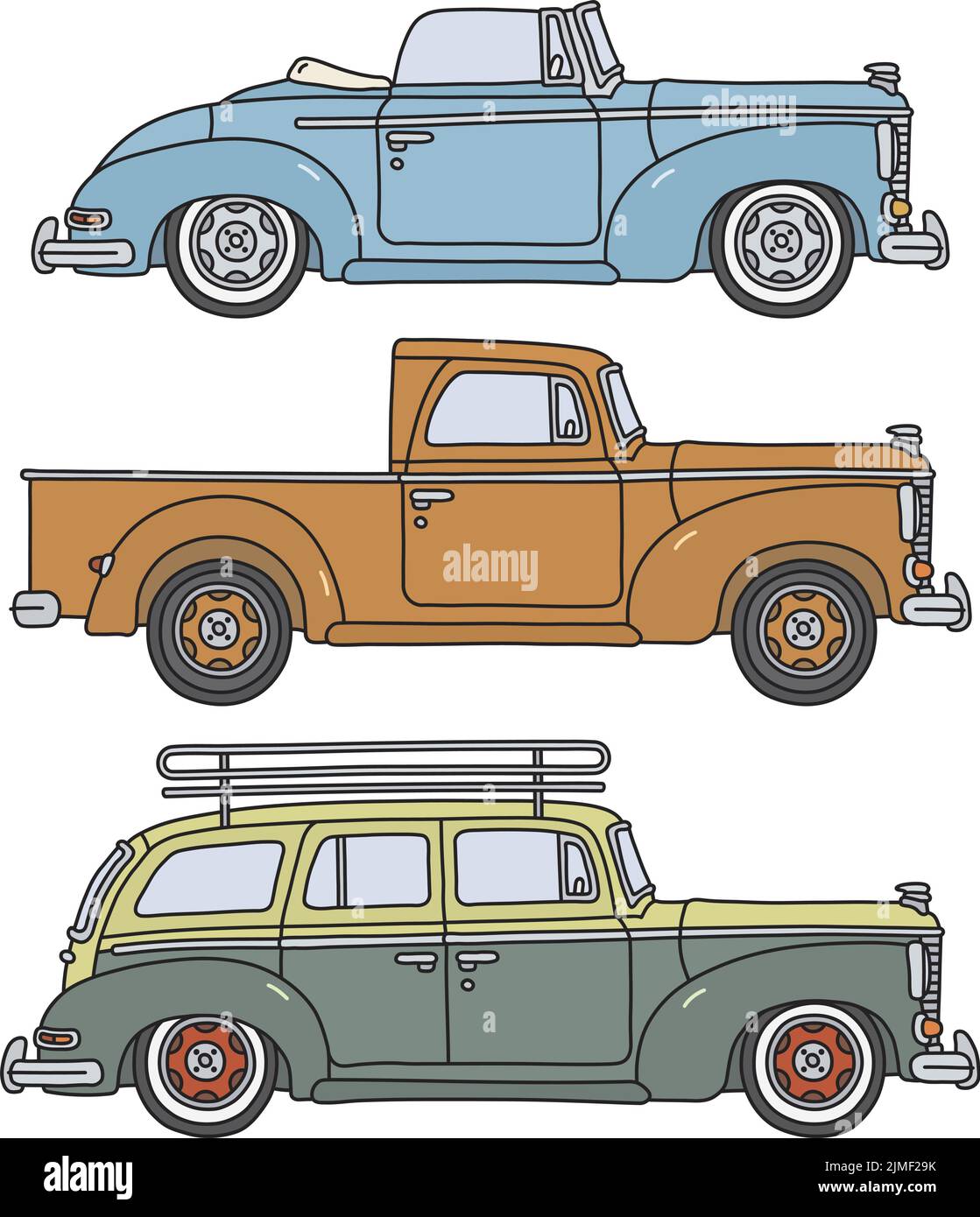 The vectorized hand drawing of three retro motor vehicles Stock Vector