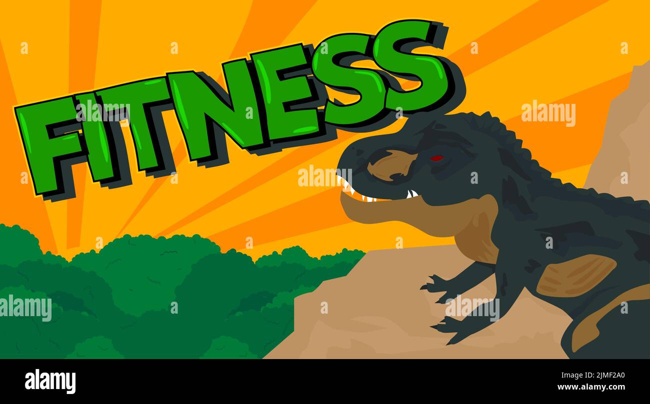 Dinosaur with speech bubble saying Fitness word. Tyrannosaurus Rex with thoughts. Stock Vector