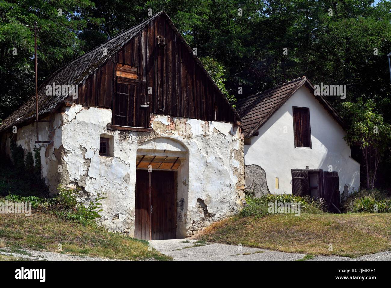 Austria, barn and old wine cellar built into the mountainside in the small town of Gallbrunn in eastern Lower Austria Stock Photo
