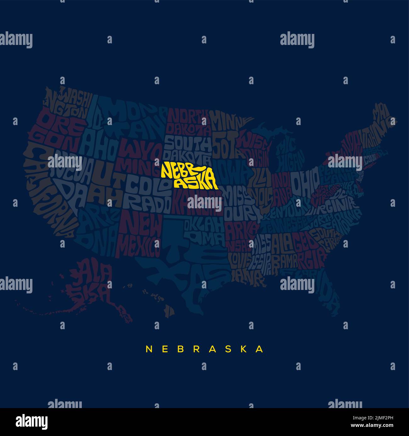 Nebraska map typography. Us map typography with states name typography