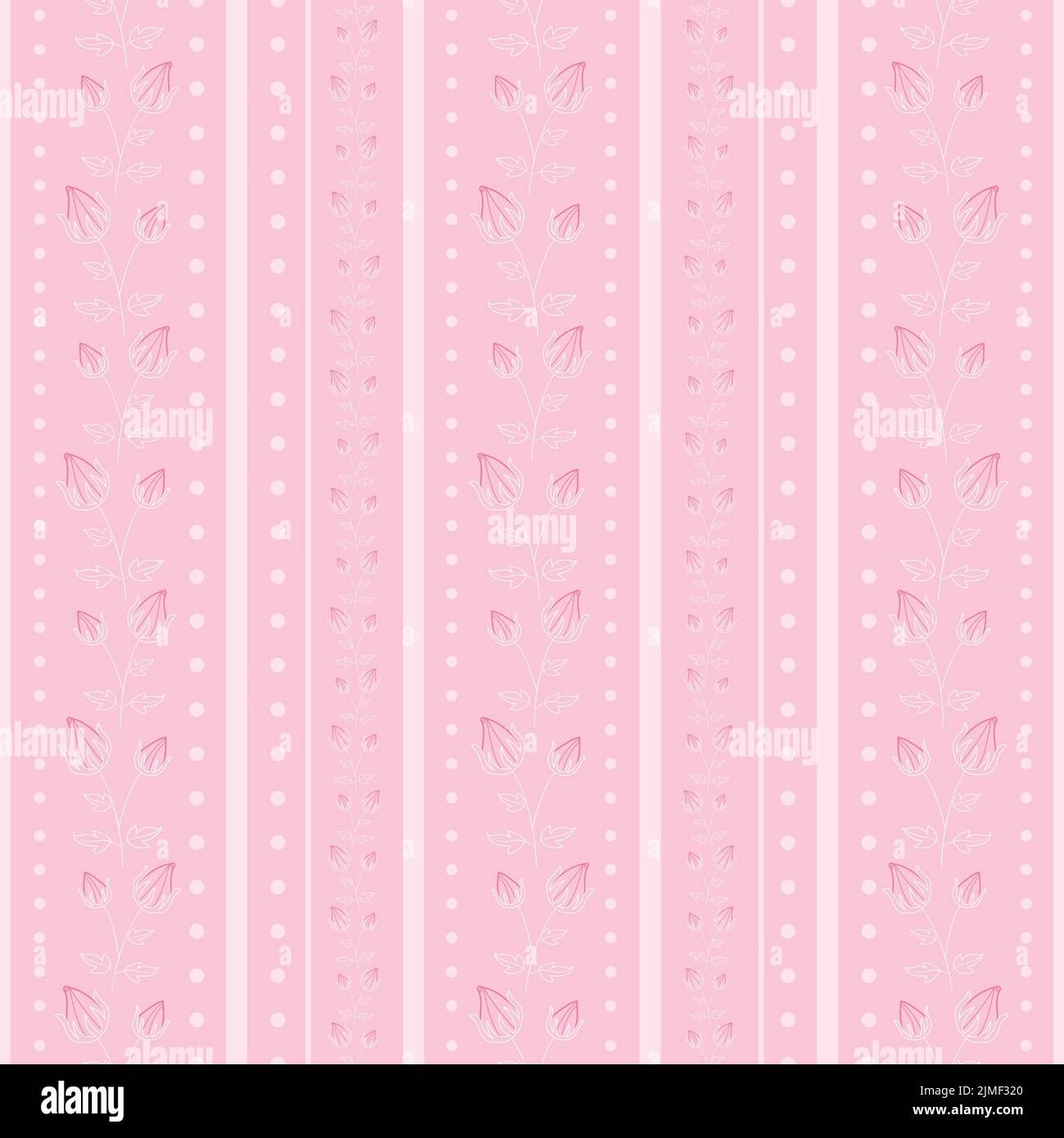Pink cute line art floral stripes vector seamless pattern background Stock Vector