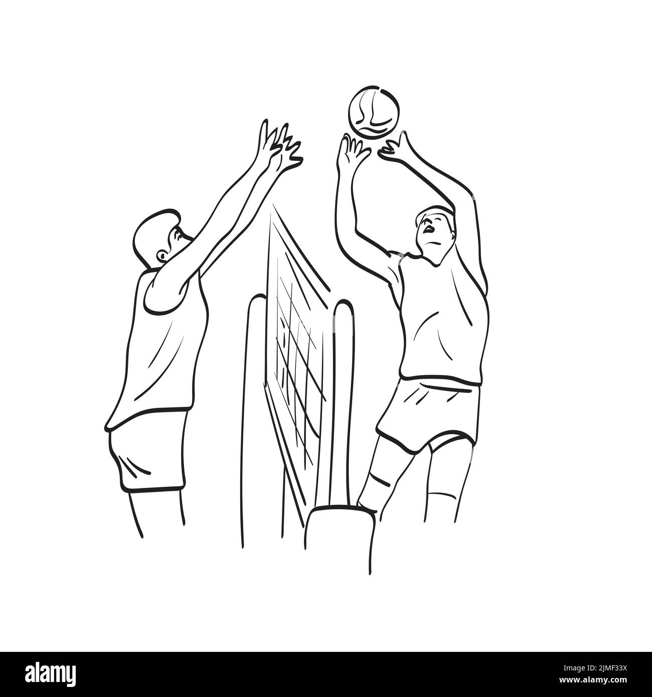 line art two professional volleyball players in action illustration