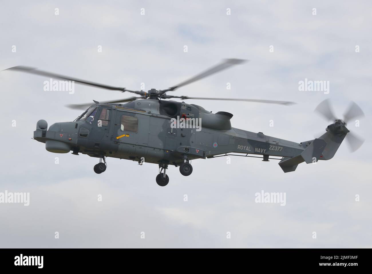 AgustaWestland AW159 Wildcat HMA2 ‘ZZ377’ helicopter arriving at  the Royal International Air Tattoo RIAT 2022 at RAF Fairford, UK Stock Photo