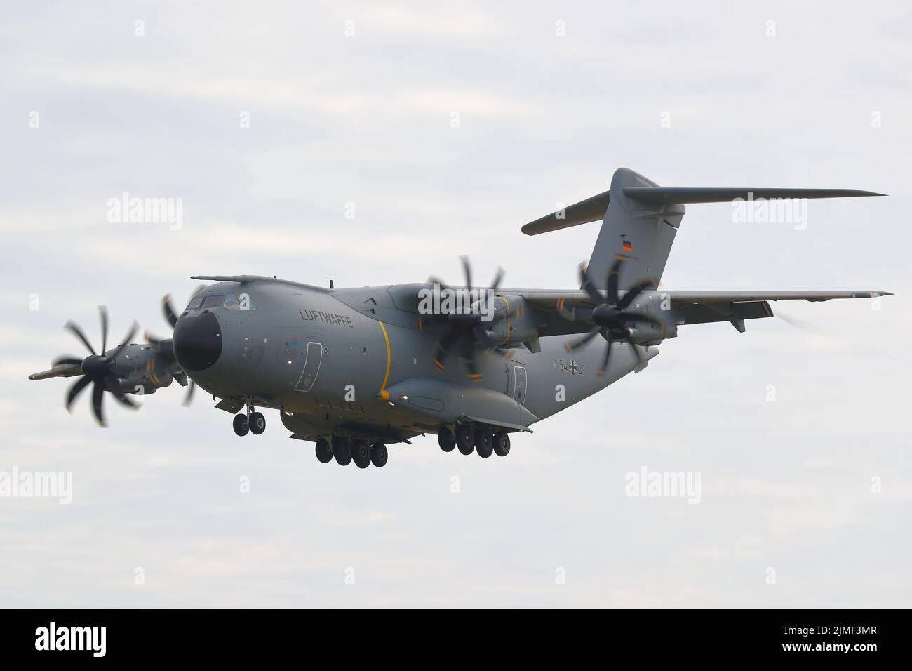 A German Luftwaffe Airbus A400M arriving at the Royal international Air Tattoo RIAT 2022 at RAF Fairford, UK Stock Photo