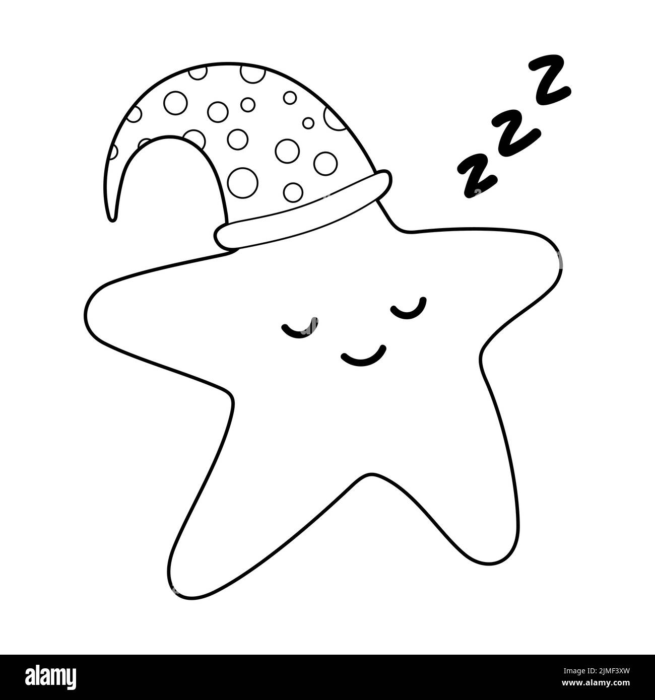 Coloring book for children. Draw a cute cartoon star sleeping in a sleep cap based. Vector Stock Vector