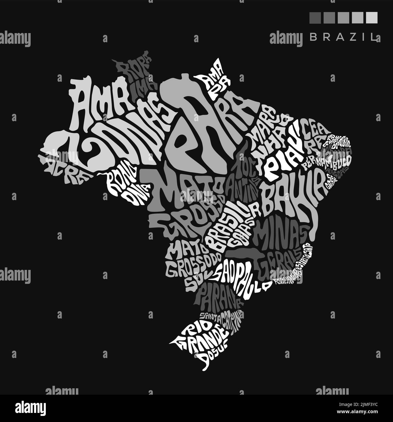 Brazil Map with all states name typography. Brazil lettering map in black and white color. Stock Vector