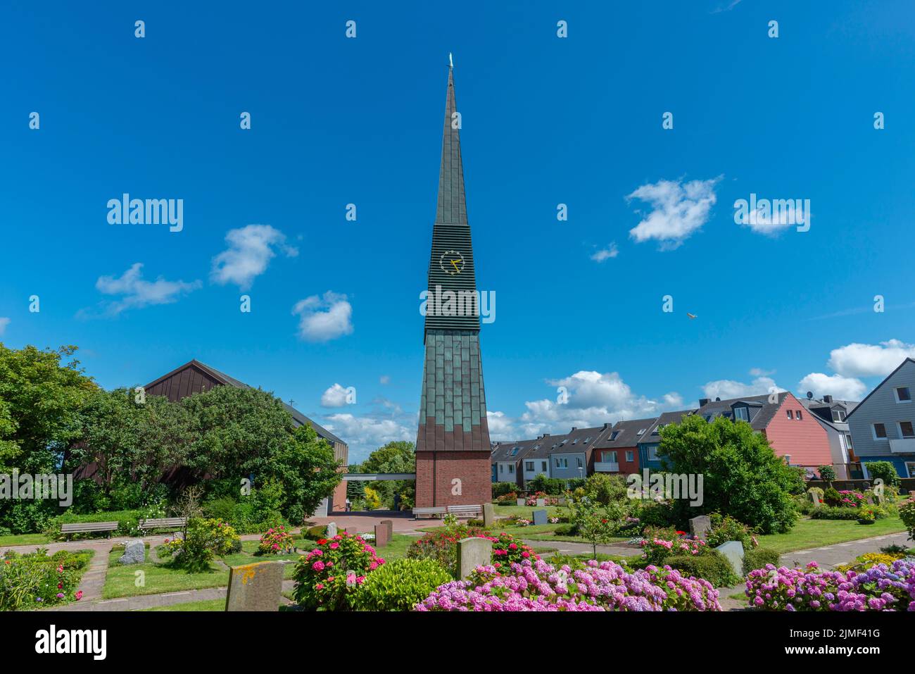 Protestant St. Nicolai-Church and cemetery, architecture in the  Oberland, Heligoland, Pinneberg, Schleswig-Holstein, Northern Germany, Europe Stock Photo