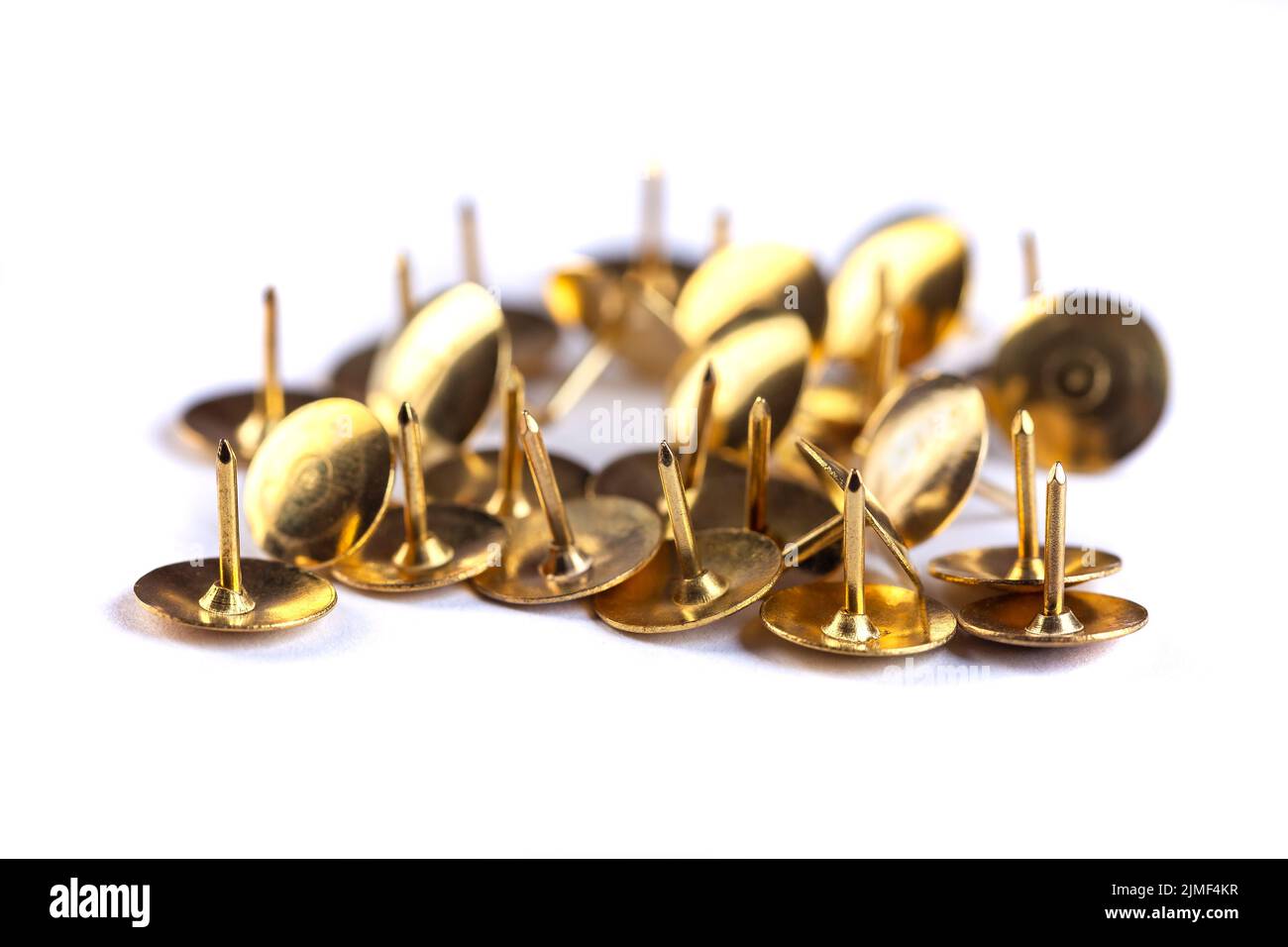 Yellow office pins isolated on white background. Thumbtacks, object ...