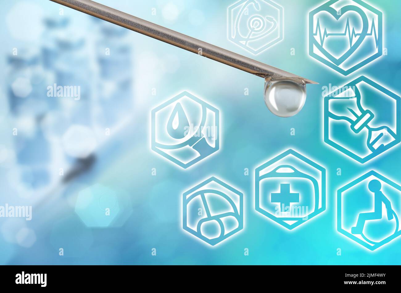 Medical background of hypodermic needle with blob along with icons. Space for text. Stock Photo
