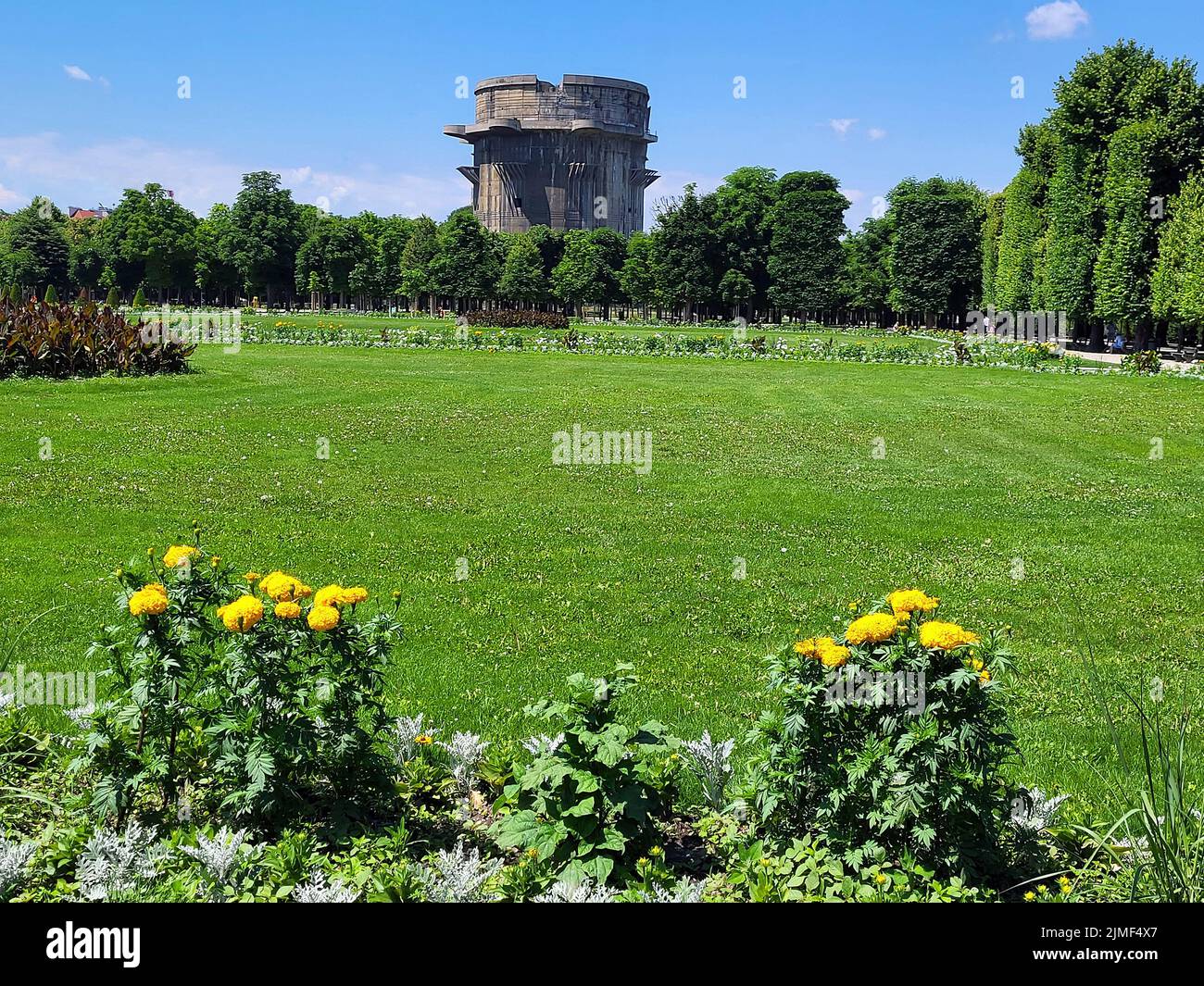 Austria, the public Augarten Park with one of the two flak towers from World War II, a green oasis in the 2nd district of Vienna, home of the Vienna B Stock Photo