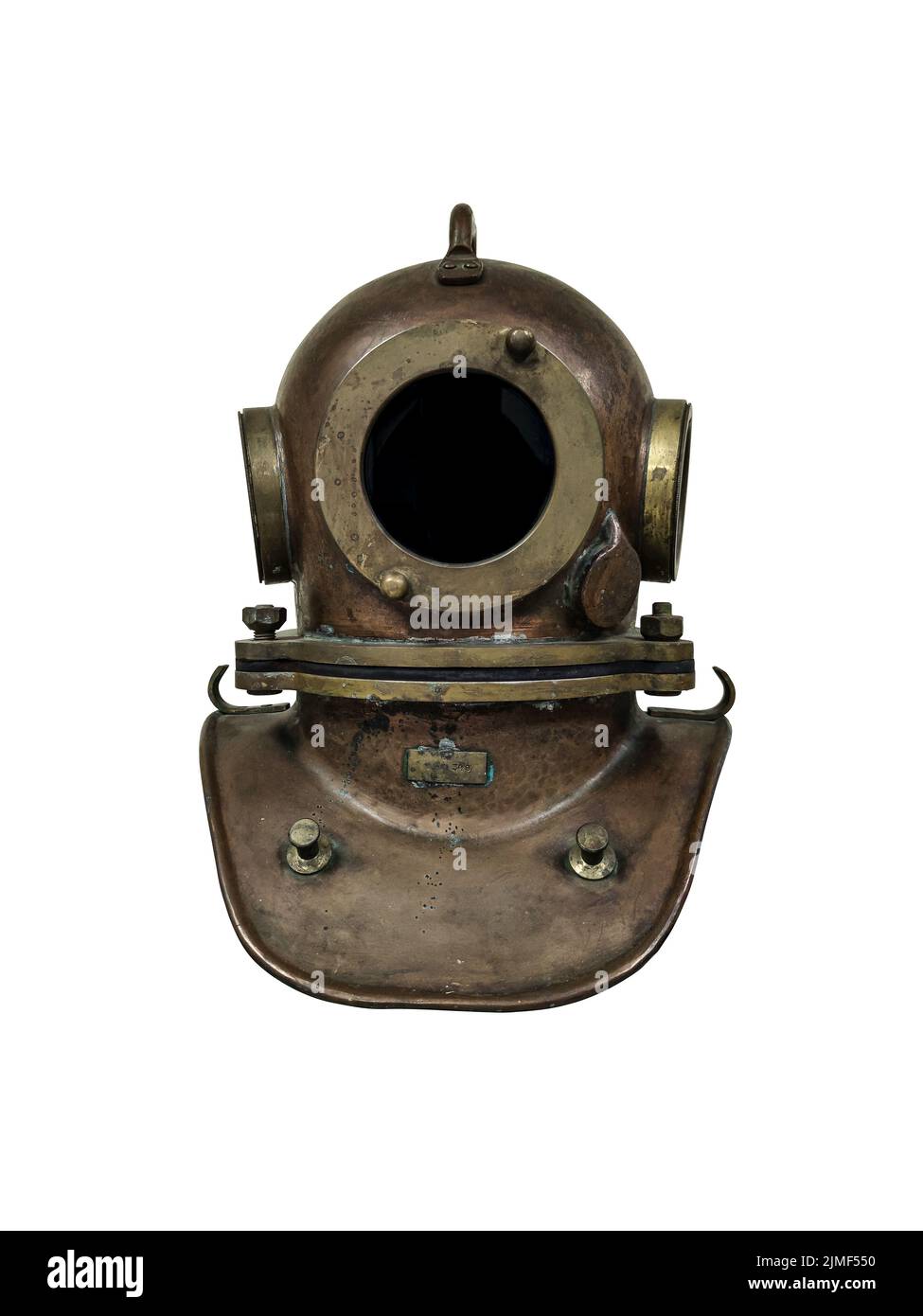 Vintage brass diving helmet. Part of a diving suit. Isolate on a white