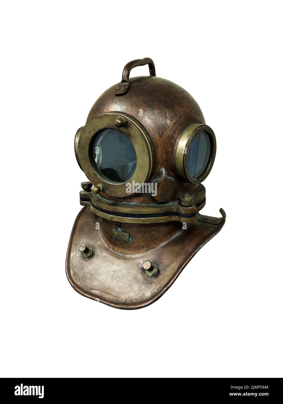 Vintage brass diving helmet. Part of a diving suit. Isolate on a white background. Stock Photo