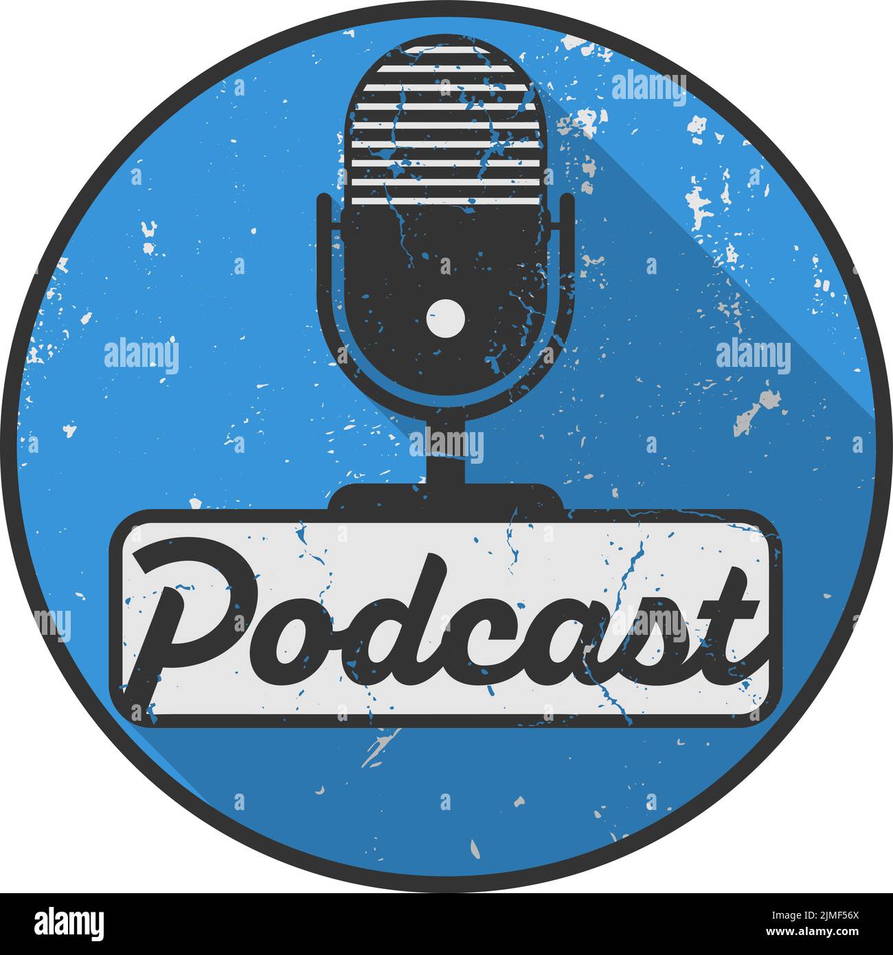 grungy scratched circular PODCAST label or sticker with microphone symbol, vector illustration Stock Vector
