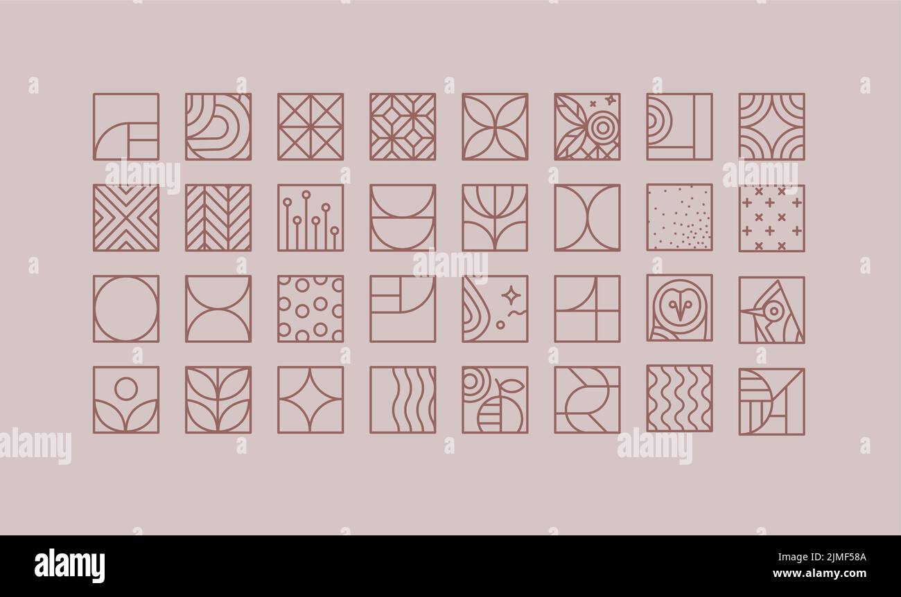 Set of creative modern art deco icons in flat line style drawing on purple background. Stock Vector