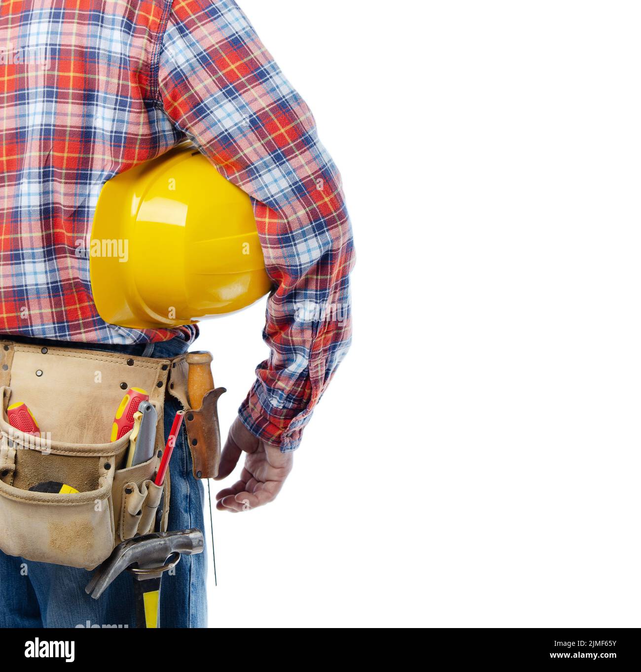 Contractor Yellow Middle aged caucasian contractor with tool belt holds yellow hard hat ...