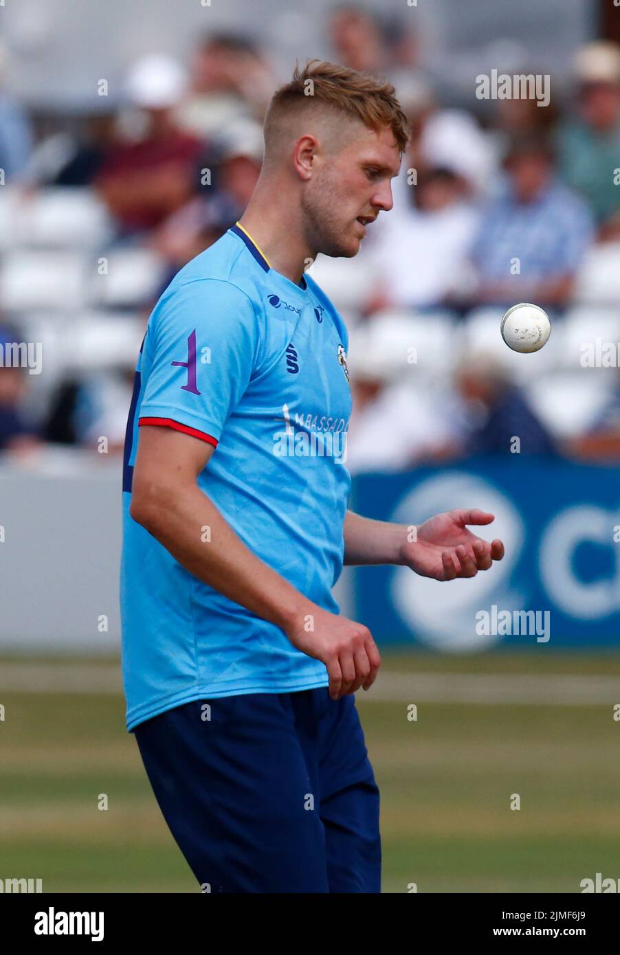 CHELMSFORD ENGLAND - AUGUST  05 : Essex's Jamie Porter during Royal London One-Day Cup match between Essex Eagles CCC against Derbyshire CCC at The Cl Stock Photo