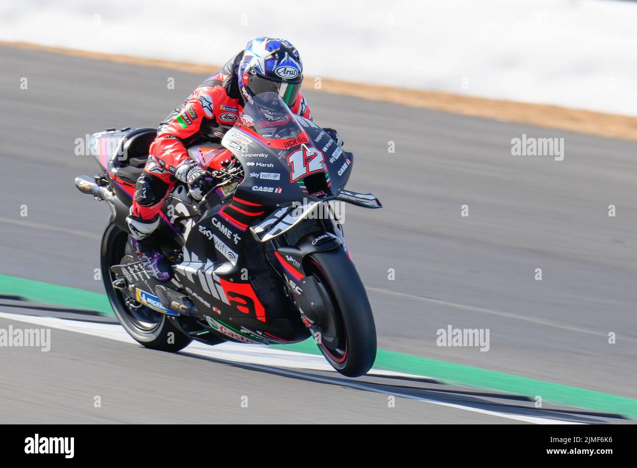 Towcester, UK. 06th Aug, 2022. Maverick VINALES (Spain) of the Aprilia Racing Team during the 2022 Monster Energy Grand Prix MotoGP Free Practice 3 session at Silverstone Circuit, Towcester, England on the 6th August 2022. Photo by David Horn. Credit: PRiME Media Images/Alamy Live News Stock Photo