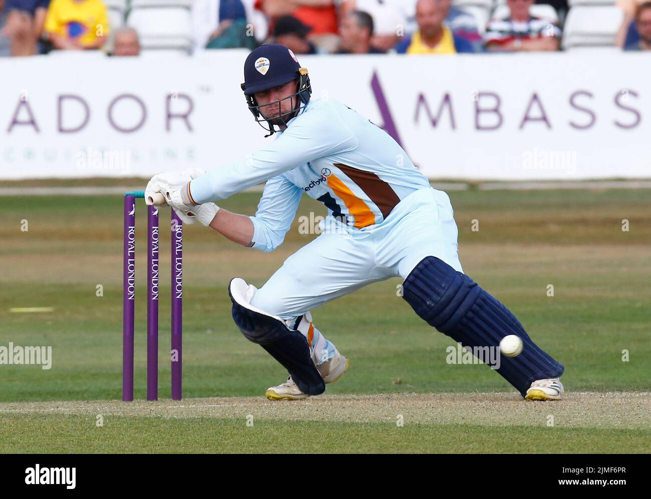 CHELMSFORD ENGLAND - AUGUST  05 : Mattie McKiernan of Derbyshire CCC during Royal London One-Day Cup match between Essex Eagles CCC against Derbyshire Stock Photo