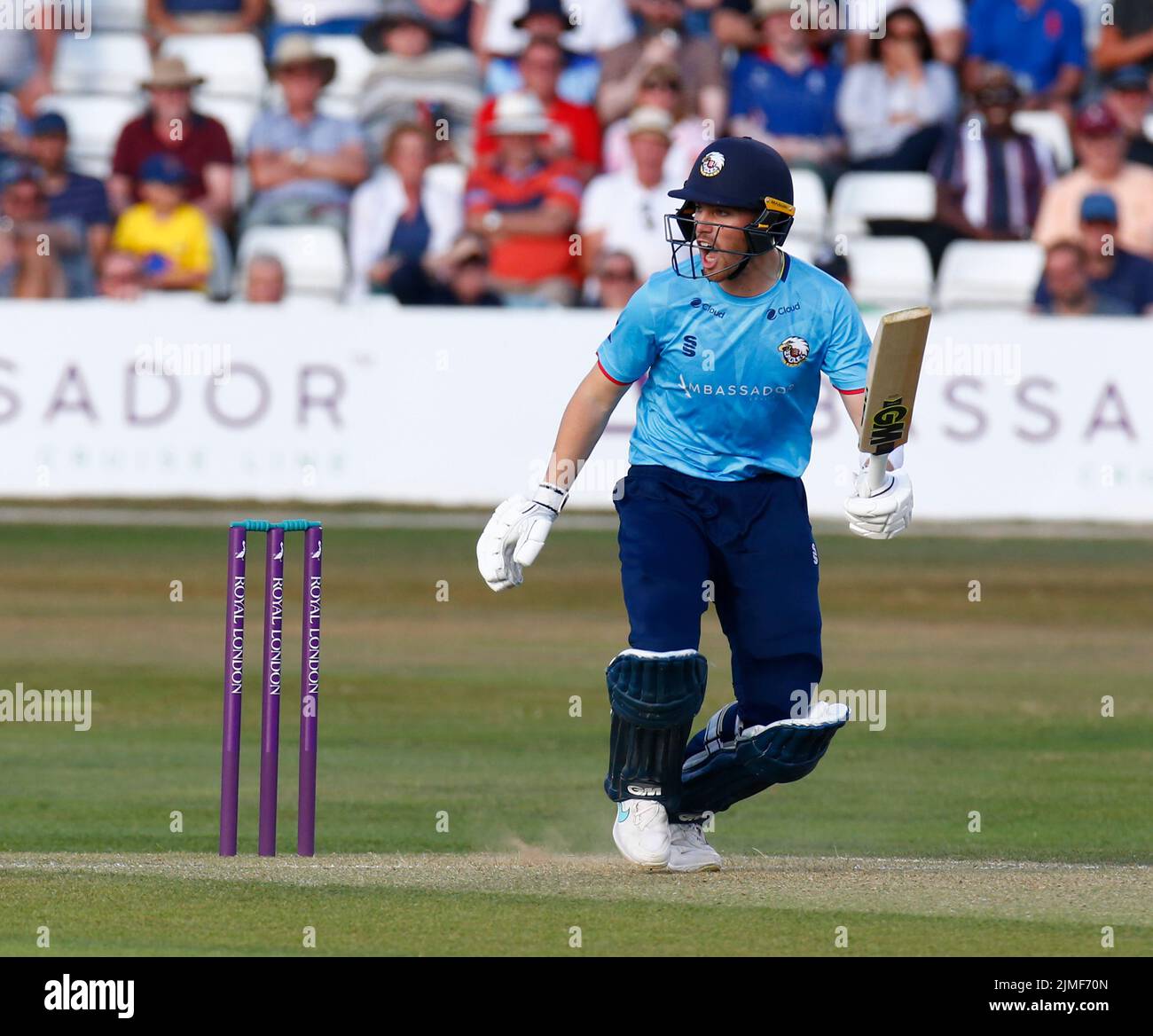 CHELMSFORD ENGLAND - AUGUST  05 : Essex's Josh Rymell during Royal London One-Day Cup match between Essex Eagles CCC against Derbyshire CCC at The Clo Stock Photo