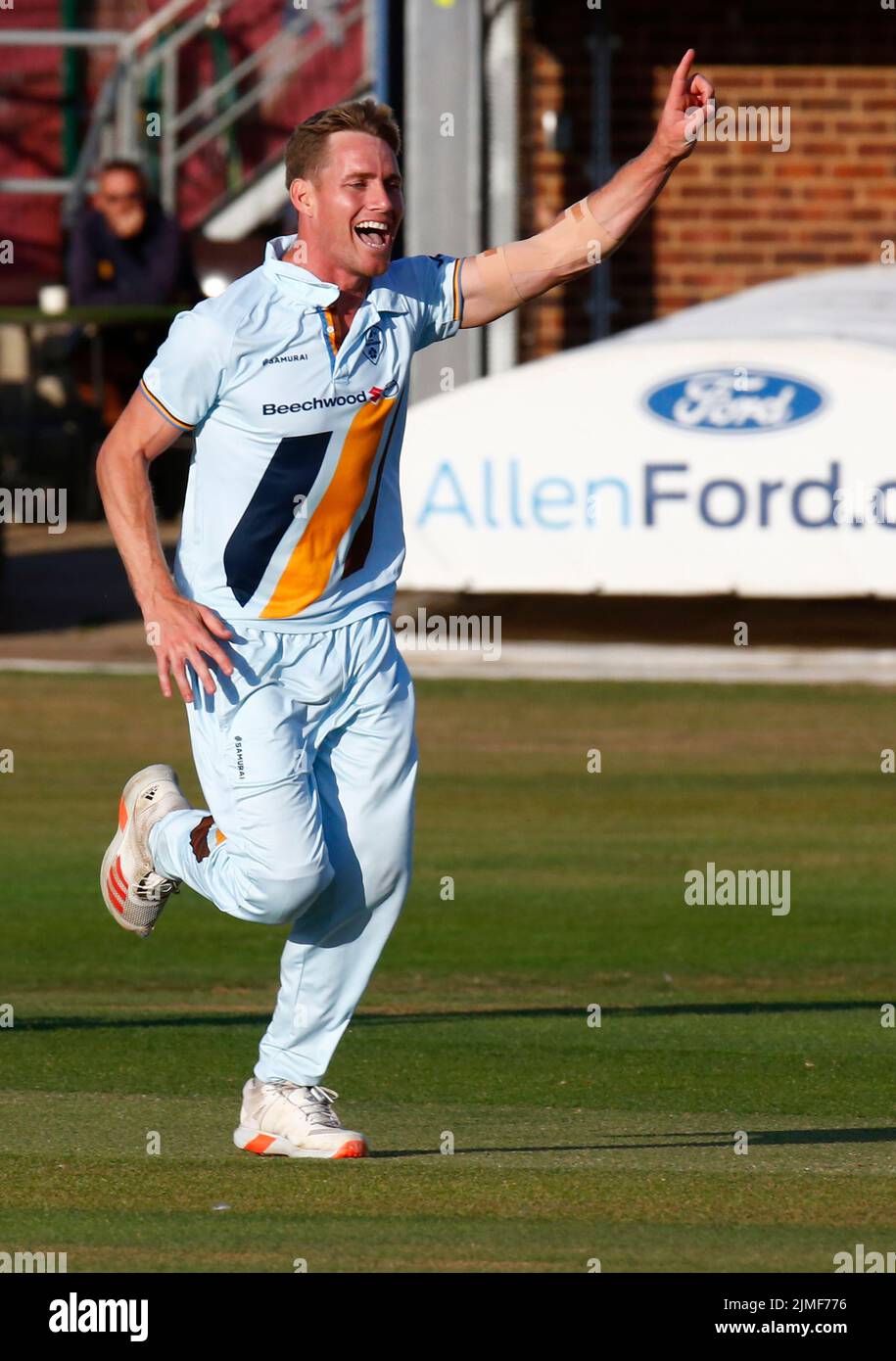 CHELMSFORD ENGLAND - AUGUST  05 : Luis Reece of Derbyshire CCC celebrates the wicket of Essex's Will Buttleman during Royal London One-Day Cup match b Stock Photo