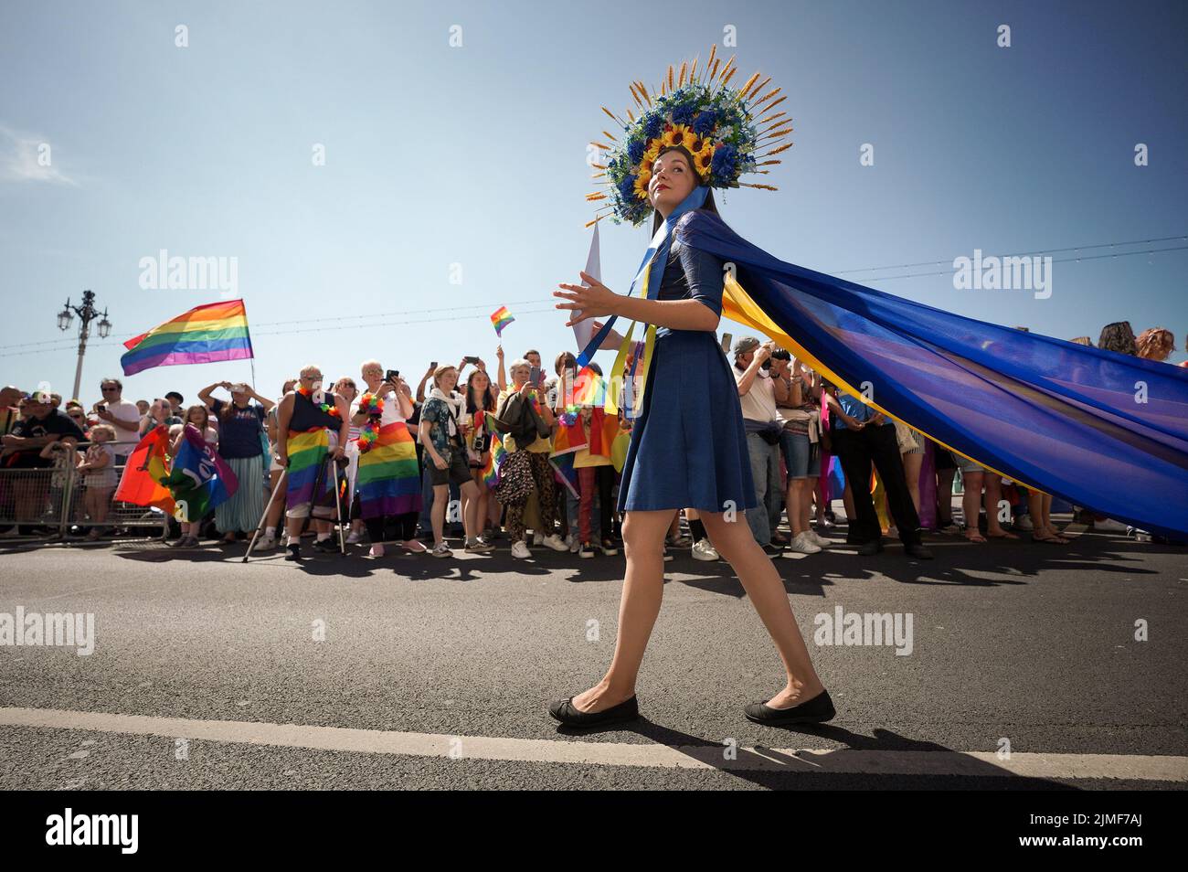 East Sussex, UK. 6th August 2022. Brighton and Hove Pride 2022. British-Ukrainians join as thousands attend the annual LGBT+ celebration march from Hove Lawns to Preston Park. Credit: Guy Corbishley/Alamy Live News Stock Photo