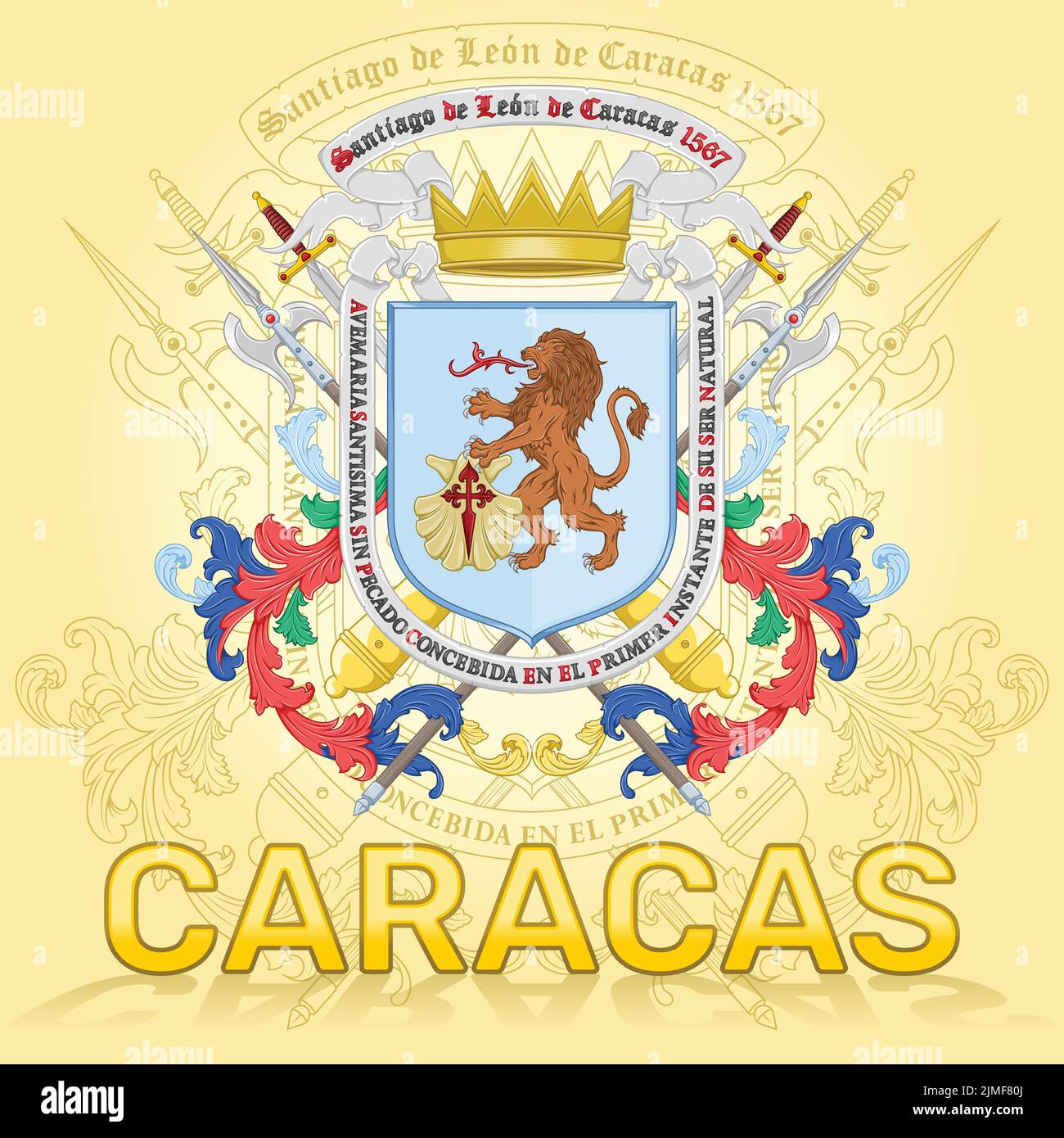 Coat of arms of the city of Caracas Venezuela, coat of arms of Santiago de León de Caracas was granted by King Philip II of Spain Stock Vector