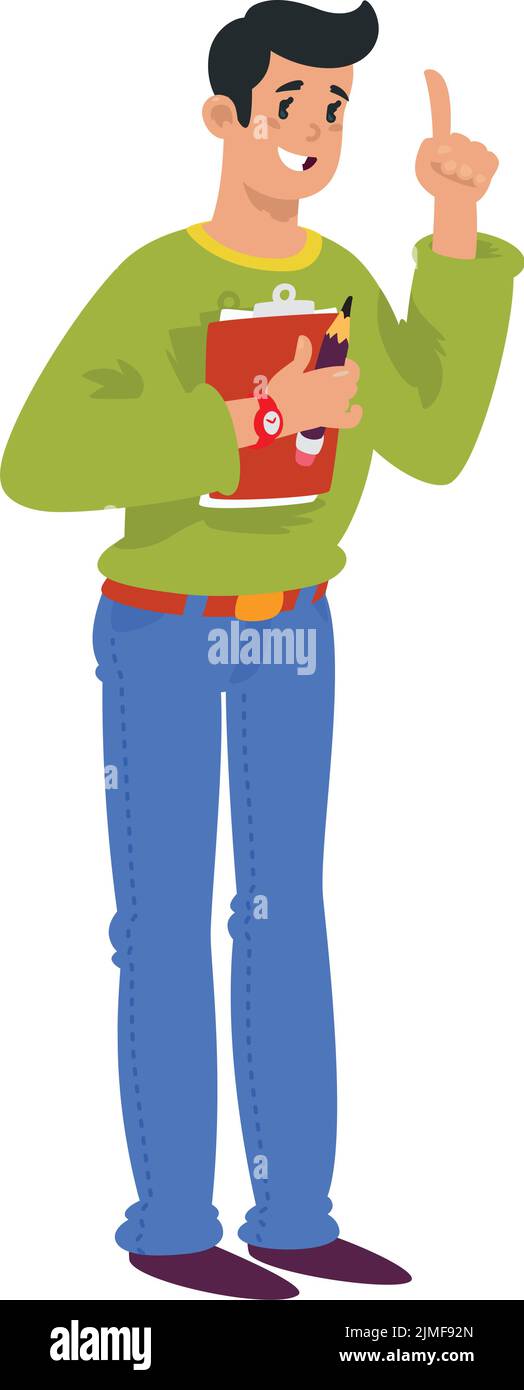 Illustration of a cartoon man with a folder. Vector. The manager in an exclamation position, calls and draws attention to himself. Coach for personal Stock Vector