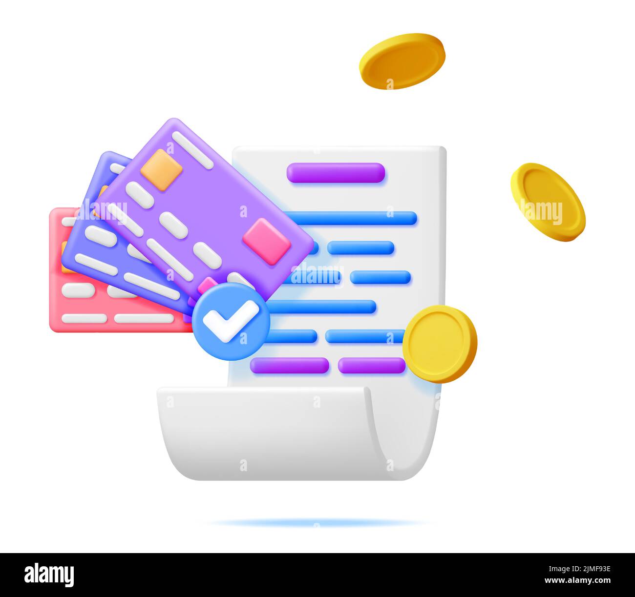 3D White Receipt with Checkmark Coin and Bank Card Stock Vector