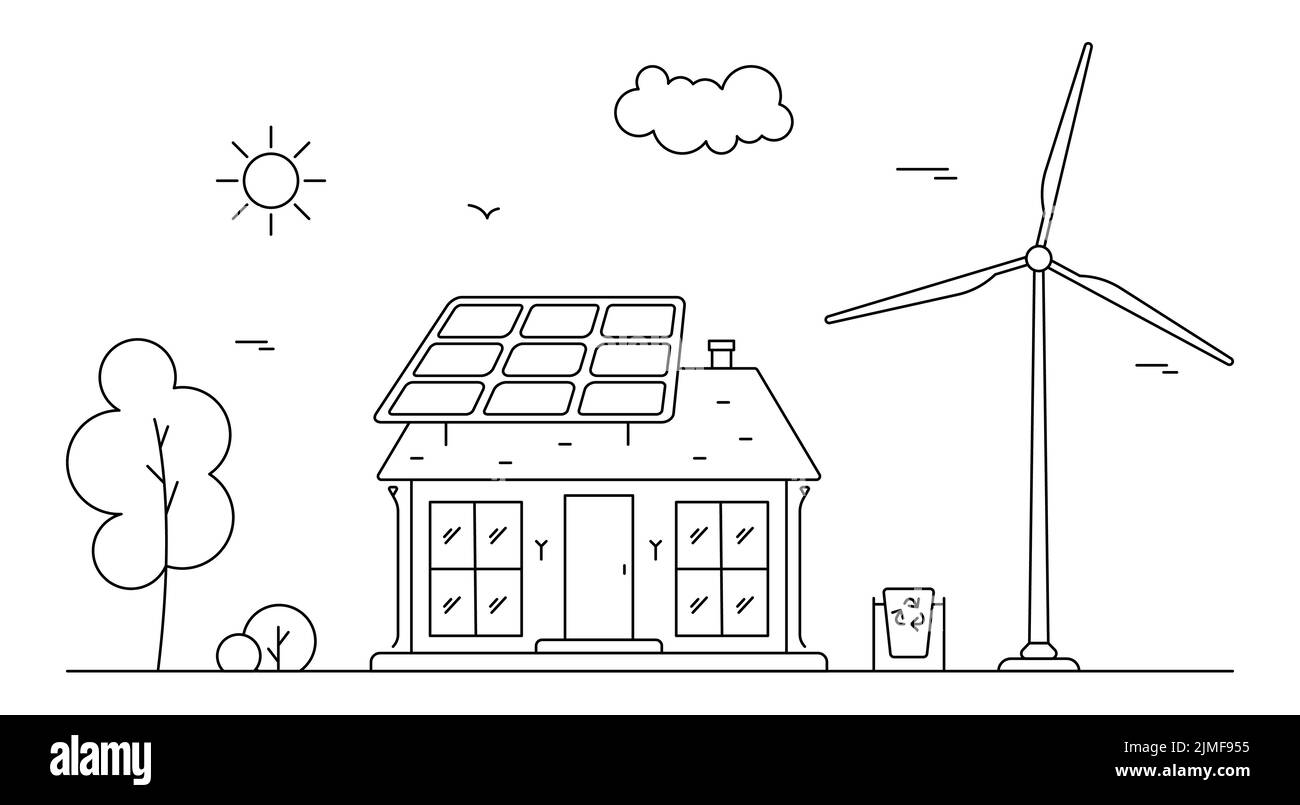 Concept of renewable solar and wind energy. Neighborhood Line art illustration with house and sun collector, windmill. Stock Vector