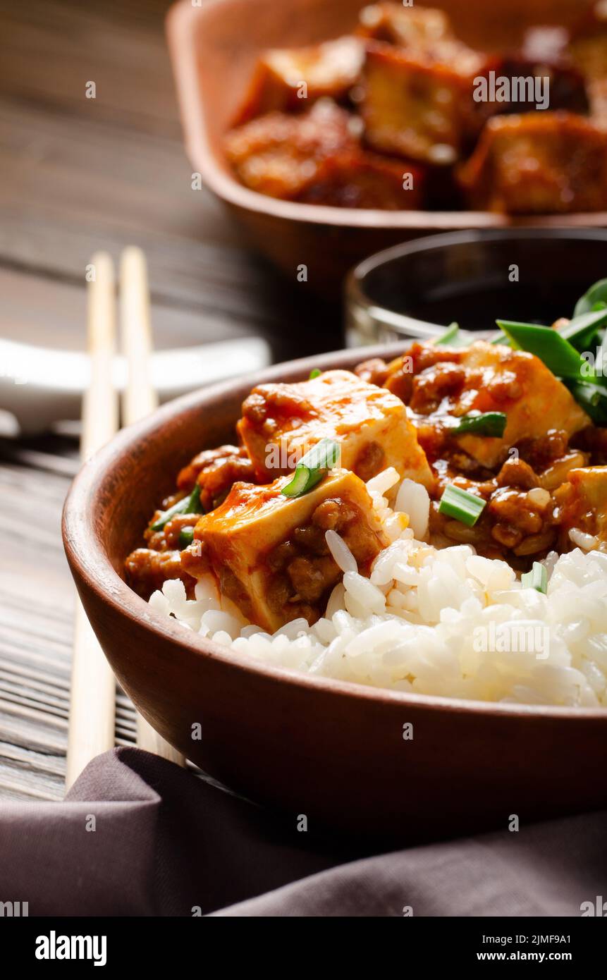 Authentic traditional Chinese food mapo tofu dish with pork chives