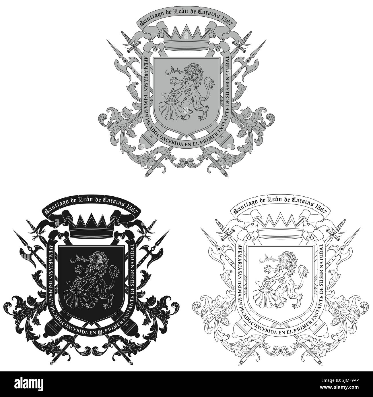 Coat of arms of the city of Caracas Venezuela, coat of arms of Santiago de León de Caracas was granted by King Philip II of Spain Stock Vector