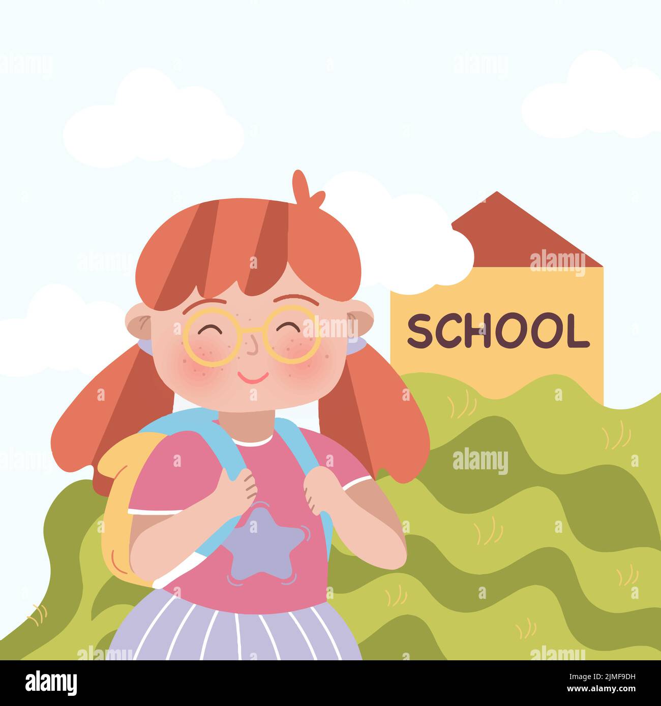 a girl with red hair stands against the background of the school flat illustration Stock Vector