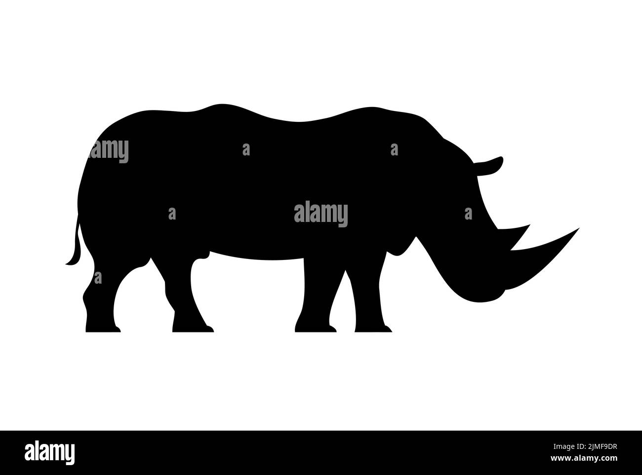 African animal rhinoceros. Black silhouette. Large herbivorous mammal with a horn. Fauna, safari and zoology. Design template for label, sign, logo. V Stock Vector