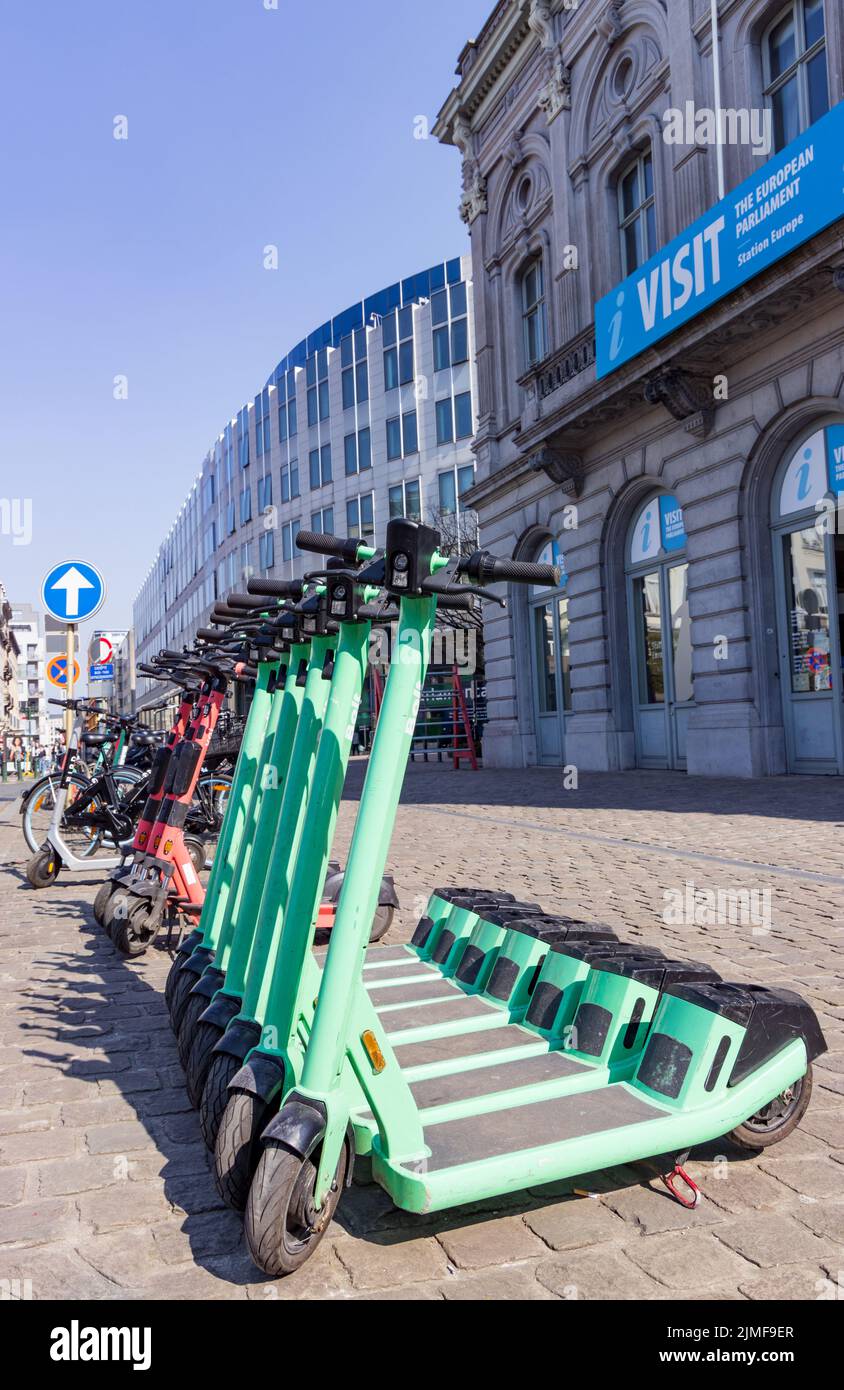 Brussels , Belgium - March 24, 2022: Street view with electric steps at square in front of European Parliament building in Burssels. Stock Photo