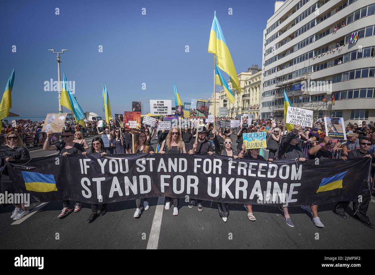 East Sussex, UK. 6th August 2022. Brighton and Hove Pride 2022. British-Ukrainians join as thousands attend the annual LGBT+ celebration march from Hove Lawns to Preston Park. Credit: Guy Corbishley/Alamy Live News Stock Photo
