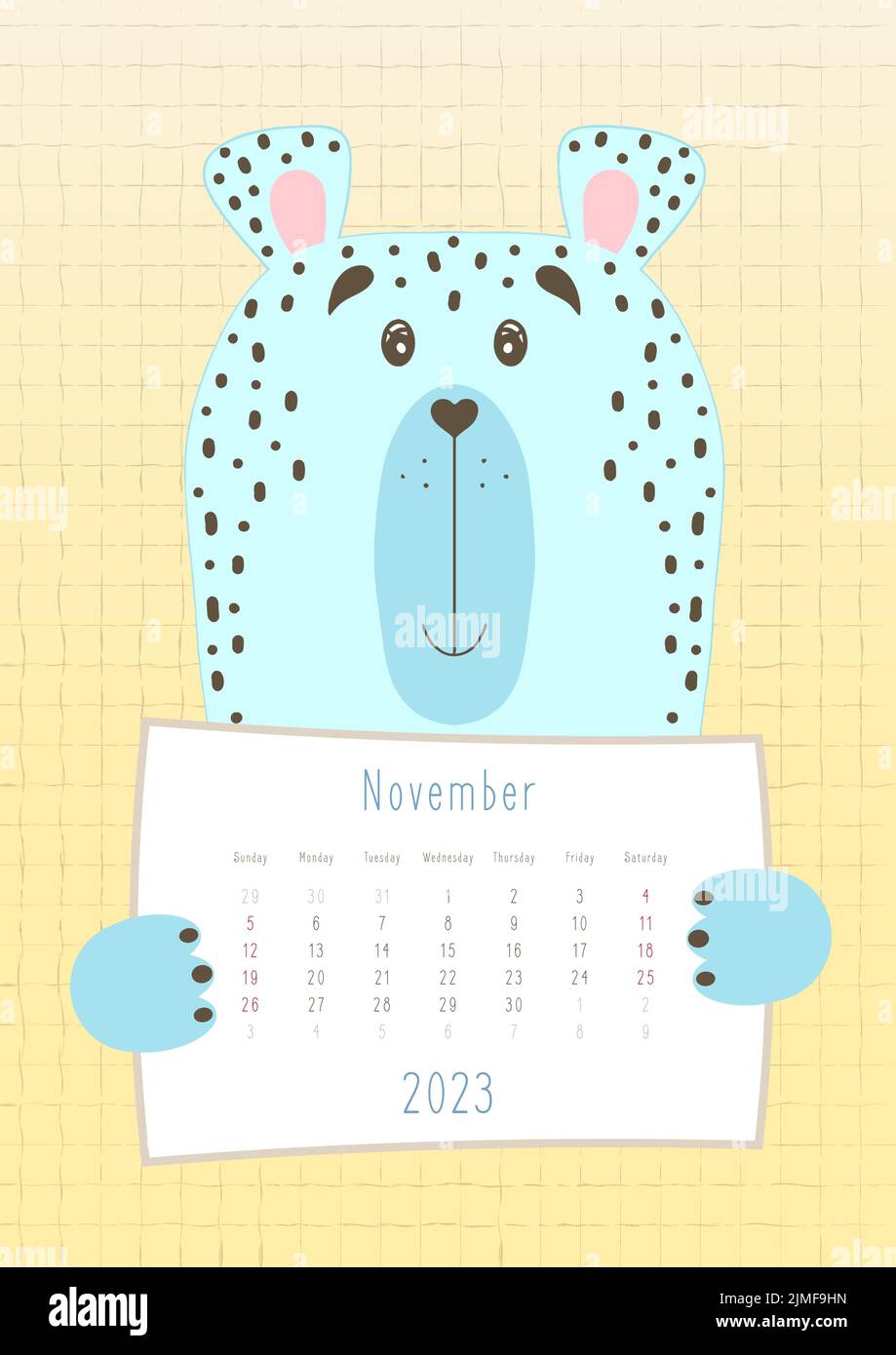 2023 november calendar, cute snow leopard animal holding a monthly calendar sheet, hand drawn childish style. Stock Vector