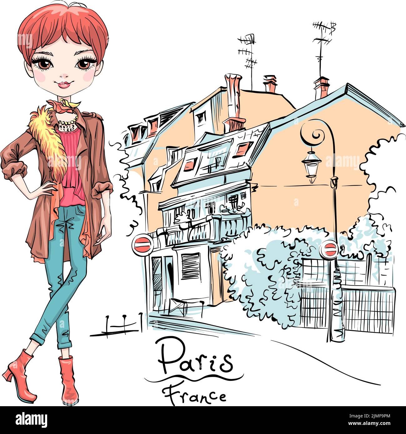 Vector cute girl in autumn clothes, headscarf and boots, jacket and jeans in Paris, France. Stock Vector