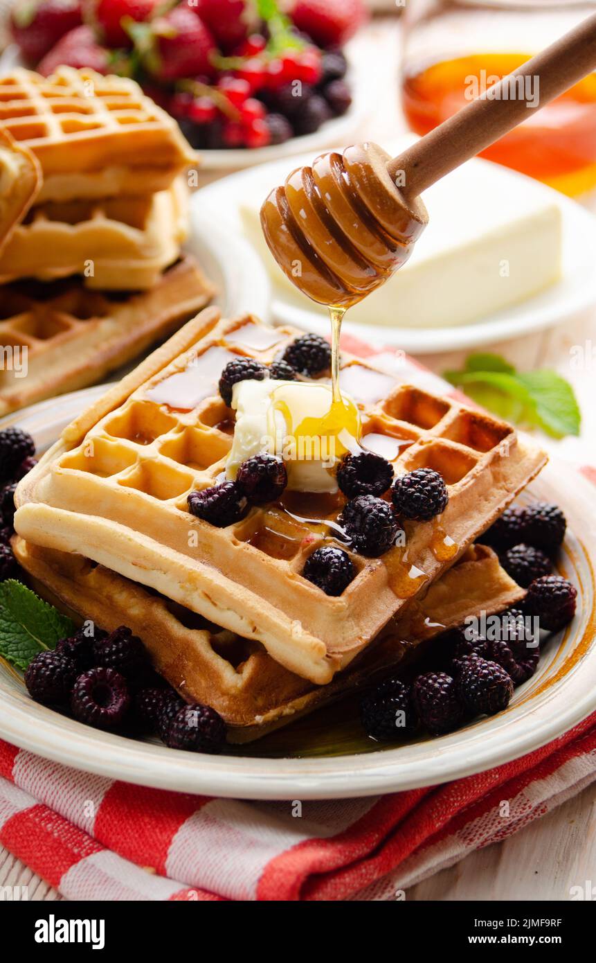 Belgian waffles served with blackberries butter and honey Stock Photo