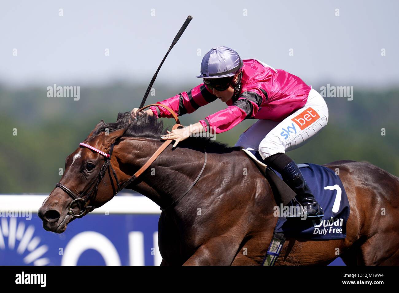Amanzoe ridden by Joanna Mason comes home to win The Dubai Duty Free Shergar Cup Curtain Raiser Classified Stakes during the Shergar Cup Meeting at Ascot Racecourse. Picture date: Saturday August 8, 2022. Stock Photo