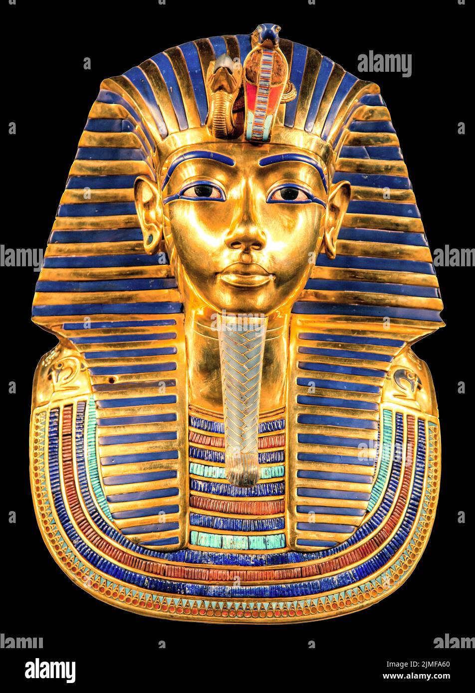 Tutankhamun's golden burial mask on black bacground. King Tut. Stock Photo