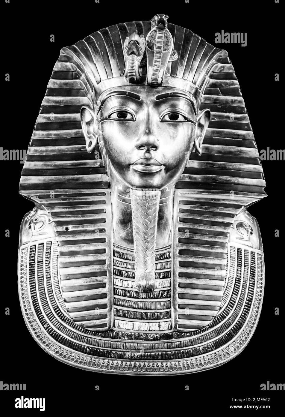 Tutankhamun's burial mask on black bacground. King Tut black and white Stock Photo