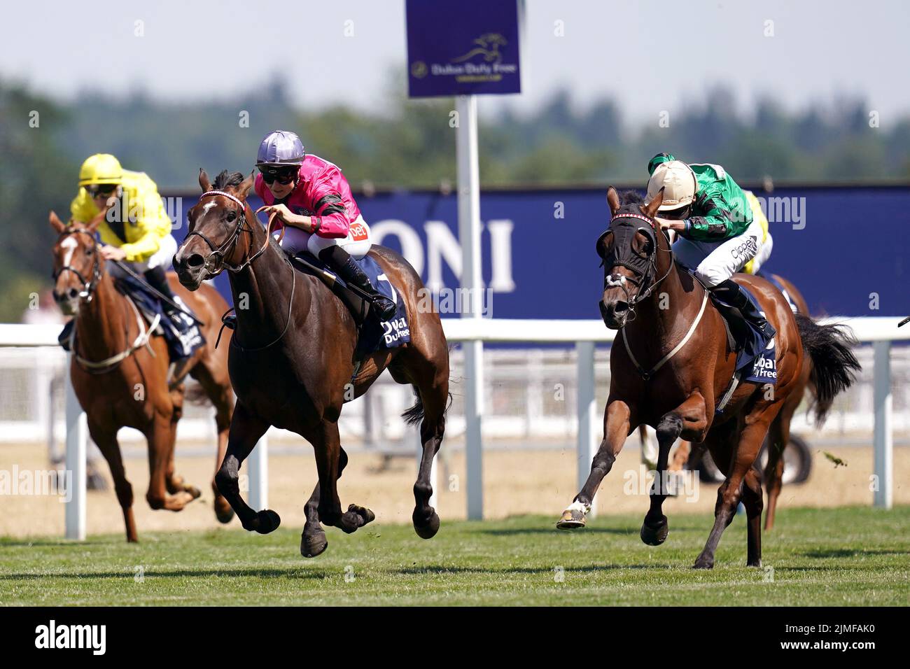 Amanzoe ridden by Joanna Mason (centre) on the way to winning The Dubai Duty Free Shergar Cup Curtain Raiser Classified Stakes during the Shergar Cup Meeting at Ascot Racecourse. Picture date: Saturday August 8, 2022. Stock Photo